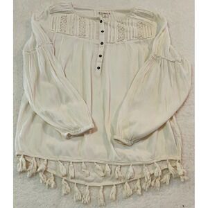RuffHewn Womens Cream Boho Lace Pintuck Tassel Hem Peasant Blouse Top Medium